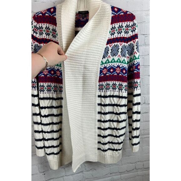 TALBOTS PETITE white multicolor cotton blend aztec southwest knit cardigan SP - Picture 2 of 8